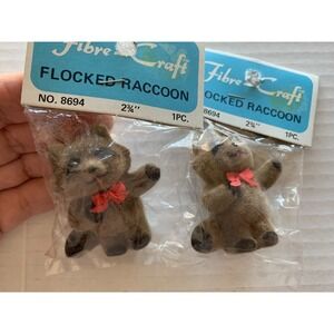 Vintage Fibre Craft Raccoon Flocked LOT of 2 NIP Hong Kong 2 1/4" Tall Crafts